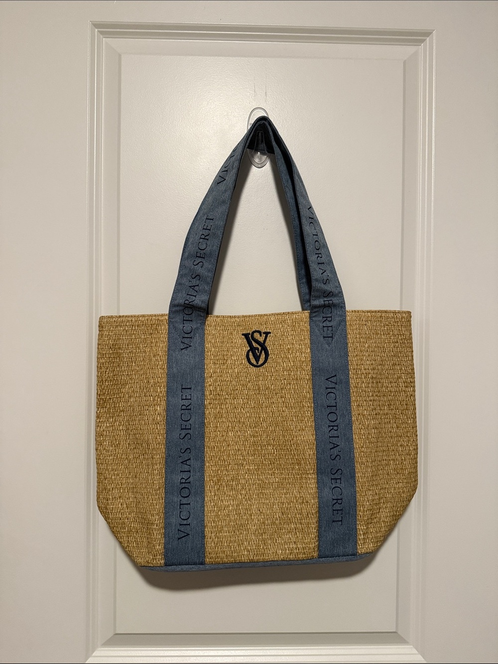 Victoria's Secret Natural Straw Tote with Blue Denim Straps